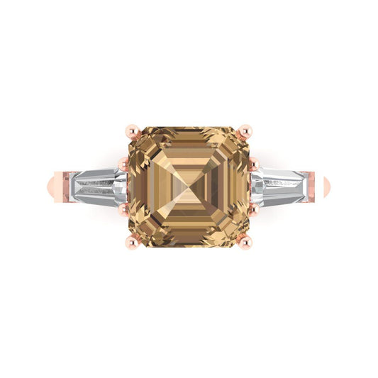 3 cttw Zirconia Simulated Champagne Diamond Three-Stone Engagement Ring - Solid Rose Gold (VVS1, Asscher Cut,8.0mm)