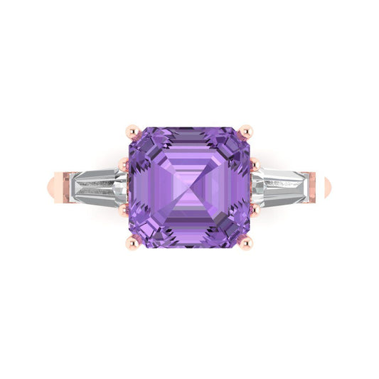 3 cttw Simulated Alexandrite Three-Stone Engagement Ring - Solid Rose Gold (VVS1, Asscher Cut,8.0mm)