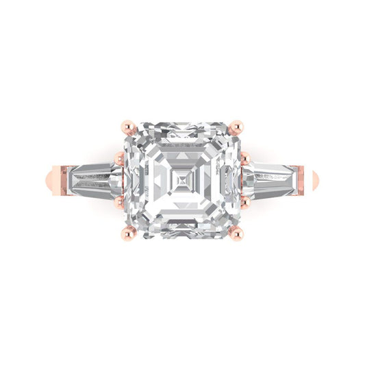 3 cttw White Sapphire Three-Stone Engagement Ring - Solid Rose Gold (VVS1, Asscher Cut,8.0mm)