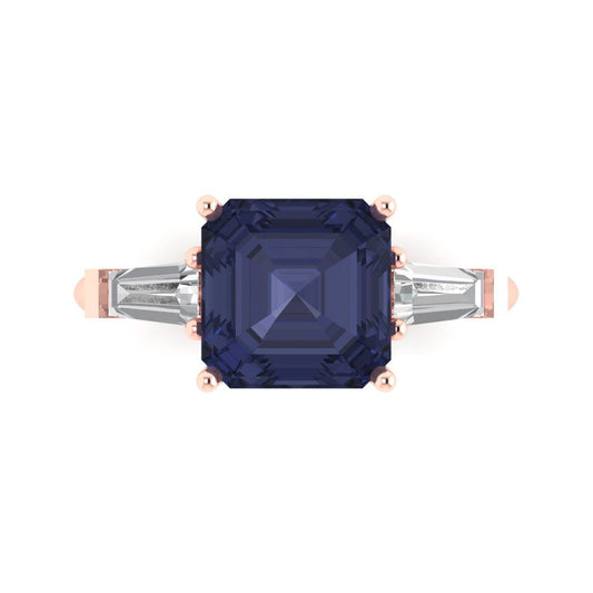 3 cttw Simulated Blue Sapphire Three-Stone Engagement Ring - Solid Rose Gold (VVS1, Asscher Cut,8.0mm)