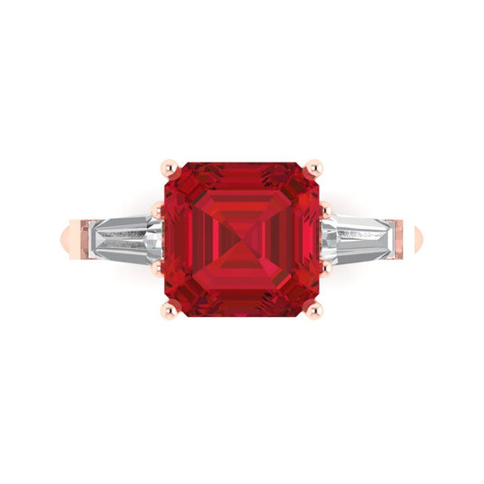 3 cttw Simulated Pink Tourmaline Three-Stone Engagement Ring - Solid Rose Gold (VVS1, Asscher Cut,8.0mm)