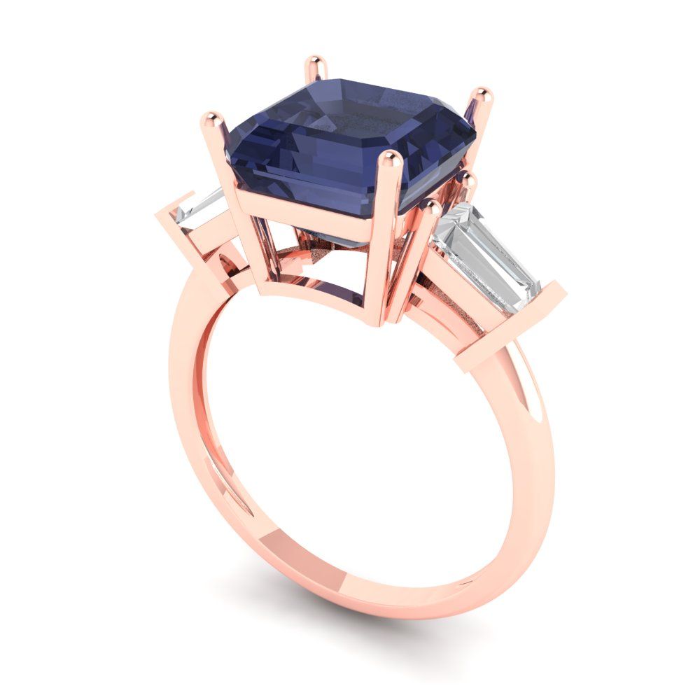 3 cttw Simulated Blue Sapphire Three-Stone Engagement Ring - Solid Gold (Asscher Cut,8.0mm)