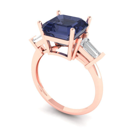 3 cttw Simulated Blue Sapphire Three-Stone Engagement Ring - Solid Gold (Asscher Cut,8.0mm)