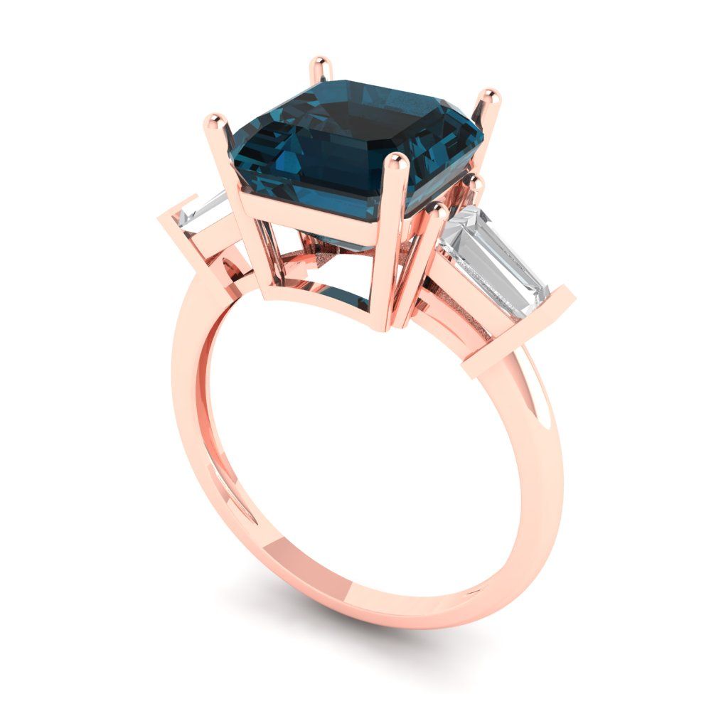 3 cttw Natural London Blue Topaz Three-Stone Engagement Ring - Solid Gold (Asscher Cut,8.0mm)