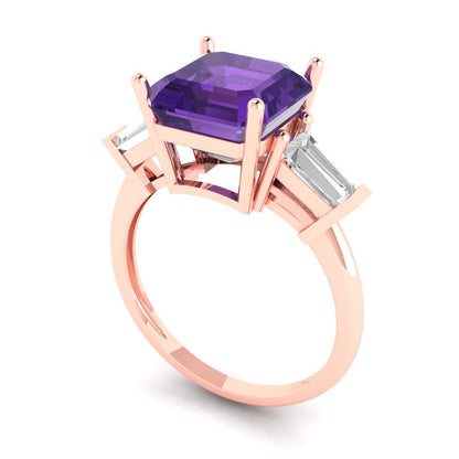 3 cttw Natural Amethyst Three-Stone Engagement Ring - Solid Gold (Asscher Cut,8.0mm)