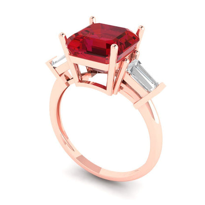 3 cttw Simulated Ruby Three-Stone Engagement Ring - Solid Rose Gold (VVS1, Asscher Cut,8.0mm)