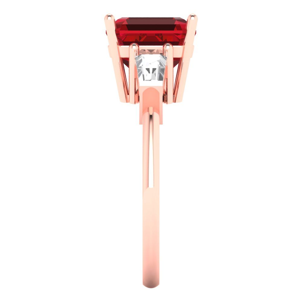 3 cttw Simulated Ruby Three-Stone Engagement Ring - Solid Rose Gold (VVS1, Asscher Cut,8.0mm)