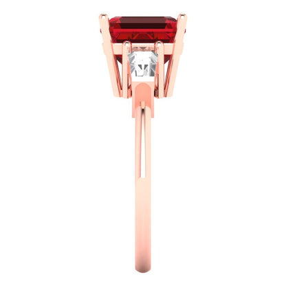 3 cttw Simulated Ruby Three-Stone Engagement Ring - Solid Rose Gold (VVS1, Asscher Cut,8.0mm)