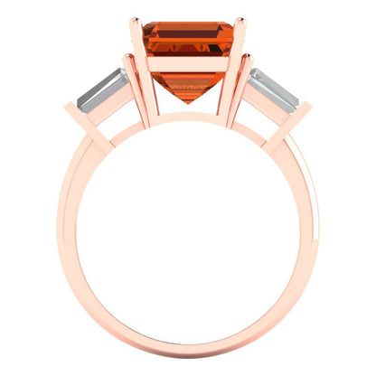 3 cttw Simulated Ruby Three-Stone Engagement Ring - Solid Rose Gold (VVS1, Asscher Cut,8.0mm)
