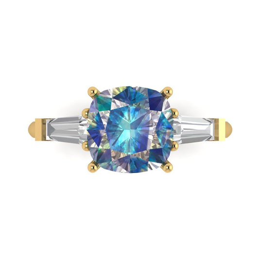 3 cttw Blue Moissanite Three-Stone Engagement Ring - Solid Yellow Gold (VVS1, Cushion Cut,8.0mm)