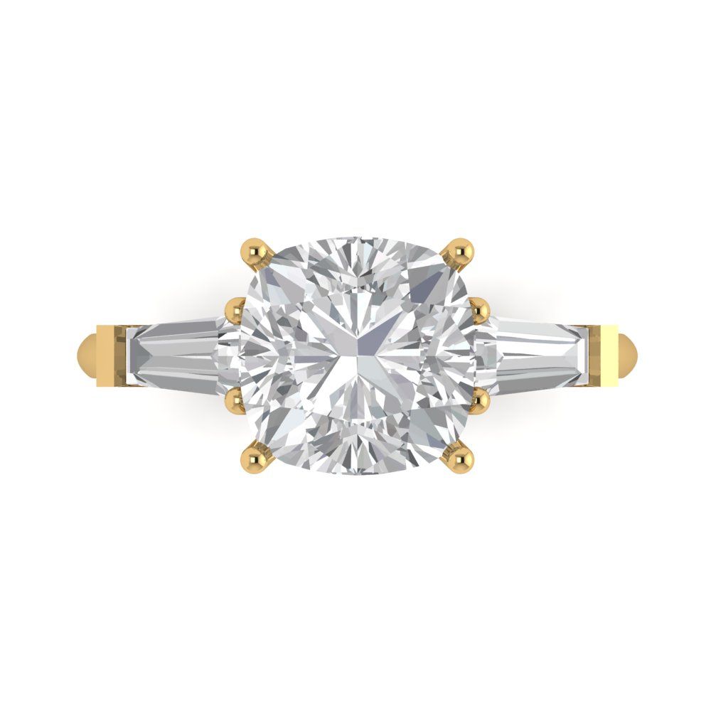 3 cttw Moissanite Three-Stone Engagement Ring - Solid Yellow Gold (VVS1, Cushion Cut,8.0mm)