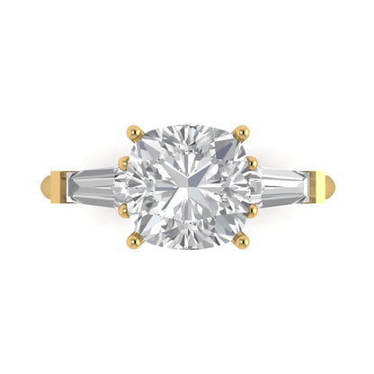 3 cttw Moissanite Three-Stone Engagement Ring - Solid Yellow Gold (VVS1, Cushion Cut,8.0mm)
