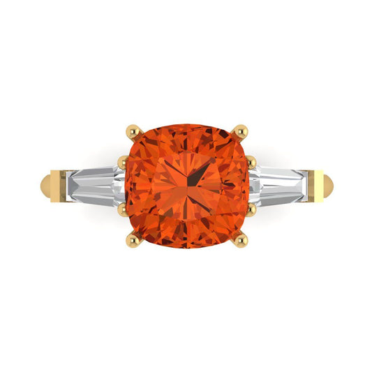 3 cttw Zirconia Simulated Red Diamond Three-Stone Engagement Ring - Solid Yellow Gold (VVS1, Cushion Cut,8.0mm)