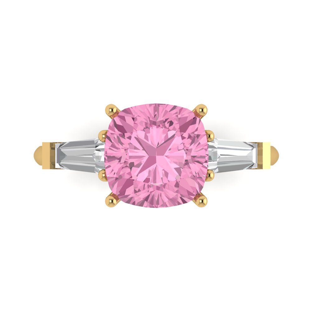 3 cttw Zirconia Simulated Pink Diamond Three-Stone Engagement Ring - Solid Gold (VVS1, Cushion Cut,8.0mm)