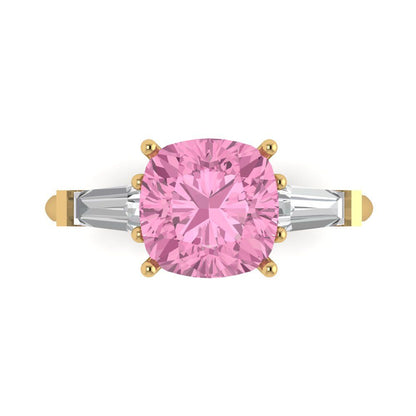 3 cttw Zirconia Simulated Pink Diamond Three-Stone Engagement Ring - Solid Gold (VVS1, Cushion Cut,8.0mm)