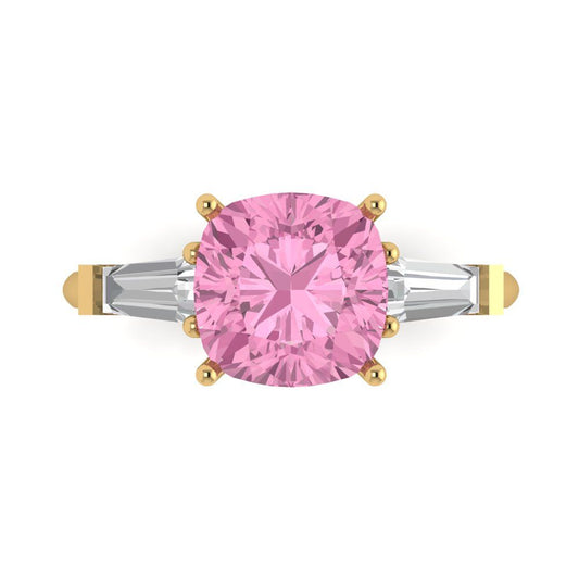 3 cttw Zirconia Simulated Pink Diamond Three-Stone Engagement Ring - Solid Yellow Gold (VVS1, Cushion Cut,8.0mm)