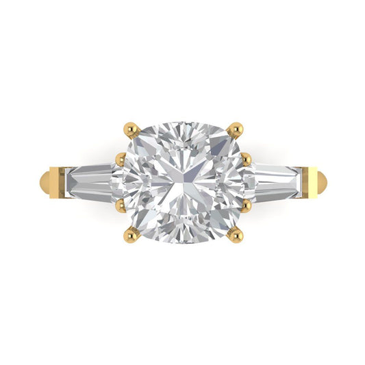 3 cttw Zirconia Simulated Diamond Three-Stone Engagement Ring - Solid Yellow Gold (VVS1, Cushion Cut,8.0mm)