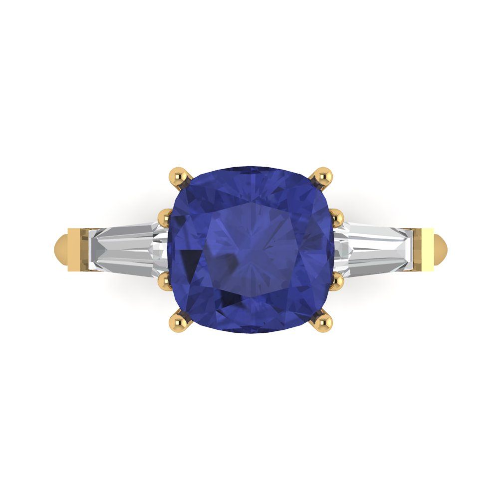 3 cttw Simulated Tanzanite Three-Stone Engagement Ring - Solid Yellow Gold (VVS1, Cushion Cut,8.0mm)