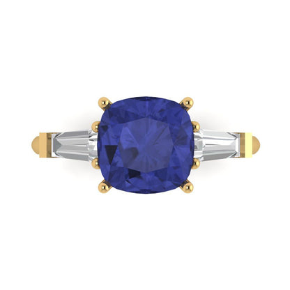 3 cttw Simulated Tanzanite Three-Stone Engagement Ring - Solid Yellow Gold (VVS1, Cushion Cut,8.0mm)