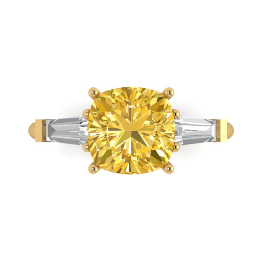 3 cttw Natural Citrine Three-Stone Engagement Ring - Solid Yellow Gold (VVS1, Cushion Cut,8.0mm)