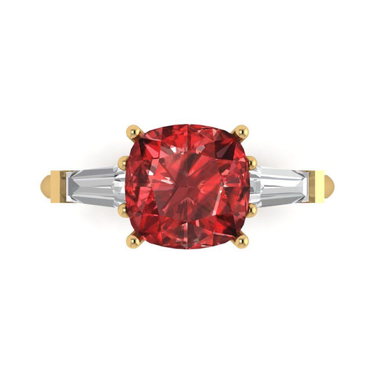 3 cttw Natural Garnet Three-Stone Engagement Ring - Solid Yellow Gold (VVS1, Cushion Cut,8.0mm)