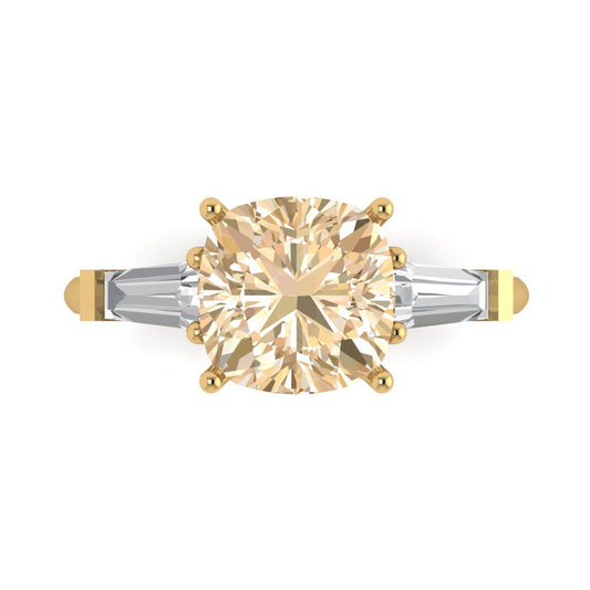 3 cttw Natural Morganite Three-Stone Engagement Ring - Solid Yellow Gold (VVS1, Cushion Cut,8.0mm)