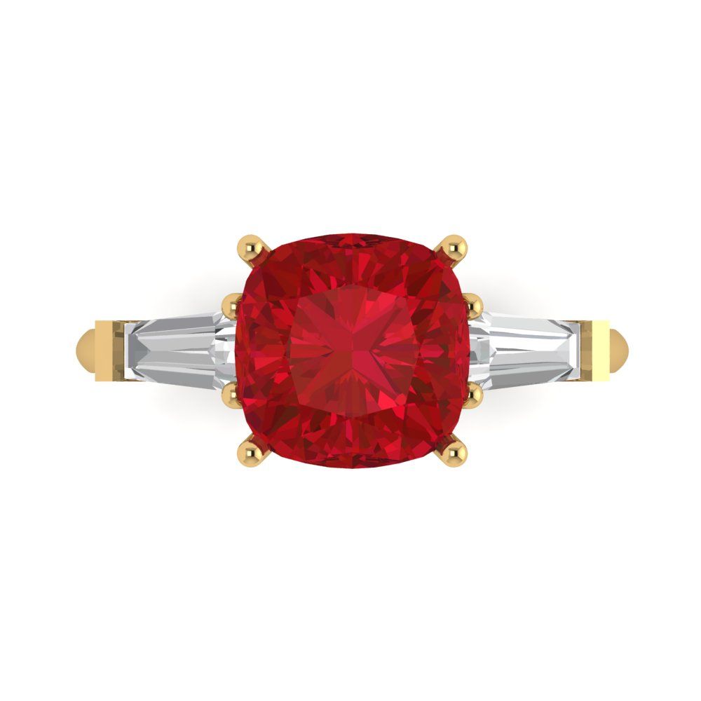3 cttw Simulated Ruby Three-Stone Engagement Ring - Solid Yellow Gold (VVS1, Cushion Cut,8.0mm)