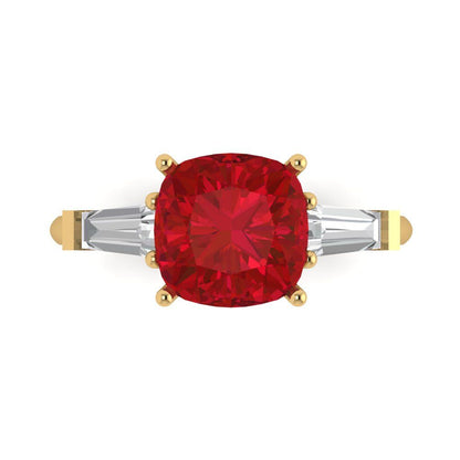 3 cttw Simulated Ruby Three-Stone Engagement Ring - Solid Yellow Gold (VVS1, Cushion Cut,8.0mm)