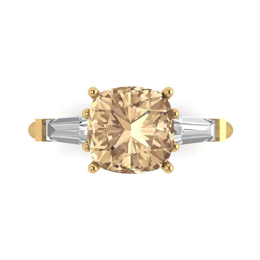3 cttw Yellow Moissanite Three-Stone Engagement Ring - Solid Yellow Gold (VVS1, Cushion Cut,8.0mm)