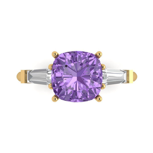 3 cttw Simulated Alexandrite Three-Stone Engagement Ring - Solid Yellow Gold (VVS1, Cushion Cut,8.0mm)