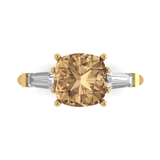 3 cttw Zirconia Simulated Champagne Diamond Three-Stone Engagement Ring - Solid Yellow Gold (VVS1, Cushion Cut,8.0mm)
