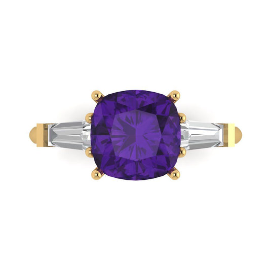 3 cttw Natural Amethyst Three-Stone Engagement Ring - Solid Yellow Gold (VVS1, Cushion Cut,8.0mm)