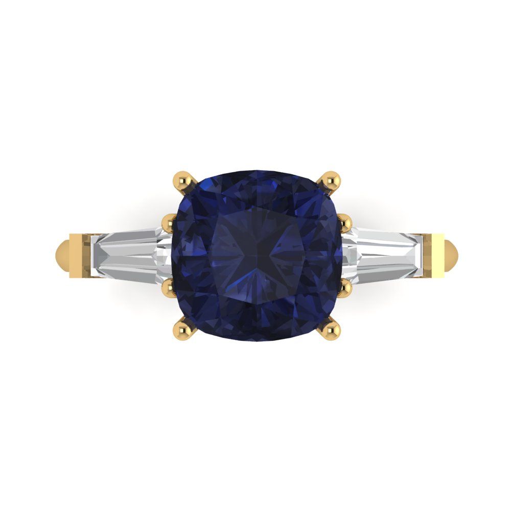 3 cttw Simulated Blue Sapphire Three-Stone Engagement Ring - Solid Gold (Cushion Cut,8.0mm)