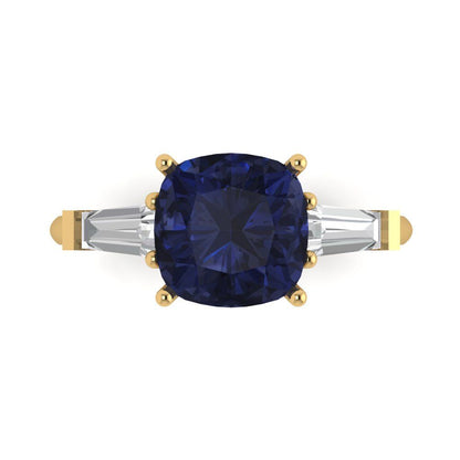 3 cttw Simulated Blue Sapphire Three-Stone Engagement Ring - Solid Gold (Cushion Cut,8.0mm)
