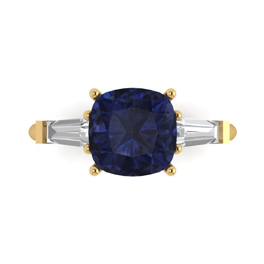 3 cttw Simulated Blue Sapphire Three-Stone Engagement Ring - Solid Yellow Gold (VVS1, Cushion Cut,8.0mm)