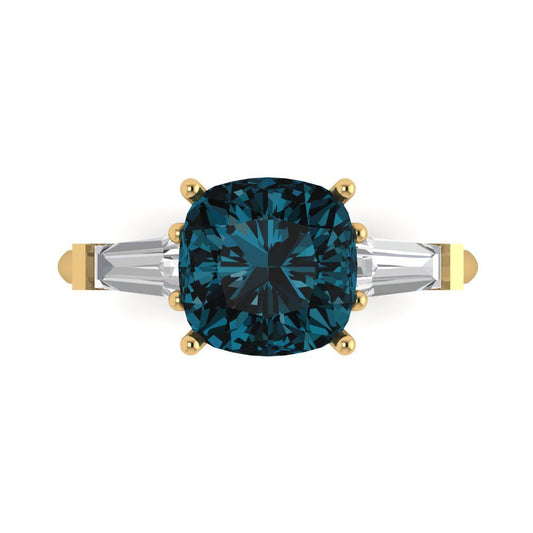 3 cttw Natural London Blue Topaz Three-Stone Engagement Ring - Solid Yellow Gold (VVS1, Cushion Cut,8.0mm)