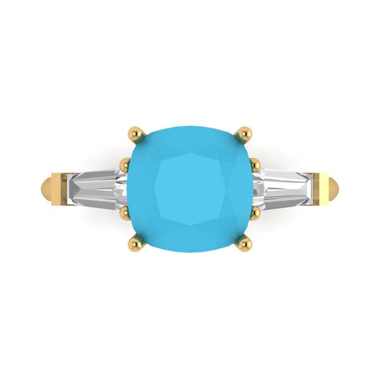 3 cttw Simulated Turquoise Three-Stone Engagement Ring - Solid Yellow Gold (VVS1, Cushion Cut,8.0mm)