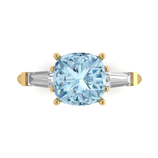 3 cttw Natural Aquamarine Three-Stone Engagement Ring - Solid Yellow Gold (VVS1, Cushion Cut,8.0mm)