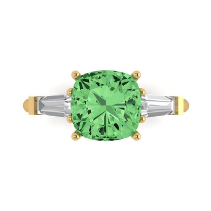 3 cttw Zirconia Simulated Green Diamond Three-Stone Engagement Ring - Solid Gold (VVS1, Cushion Cut,8.0mm)