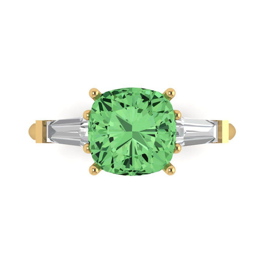 3 cttw Zirconia Simulated Green Diamond Three-Stone Engagement Ring - Solid Yellow Gold (VVS1, Cushion Cut,8.0mm)