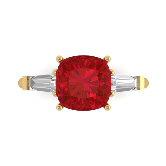 3 cttw Simulated Pink Tourmaline Three-Stone Engagement Ring - Solid Yellow Gold (VVS1, Cushion Cut,8.0mm)