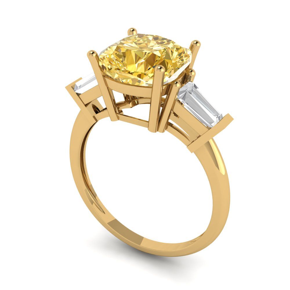 3 cttw Yellow Moissanite Three-Stone Engagement Ring - Solid Gold (Cushion Cut,8.0mm)