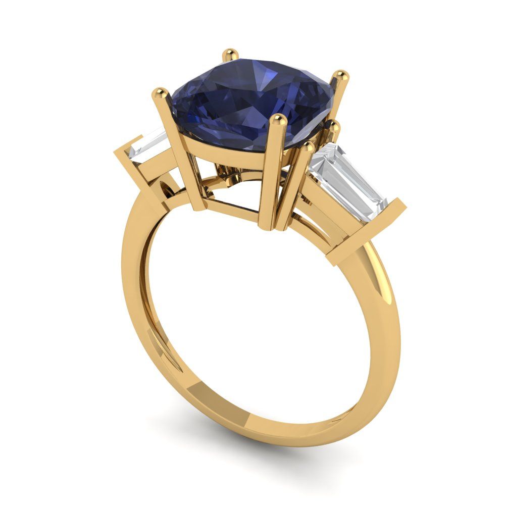 3 cttw Simulated Blue Sapphire Three-Stone Engagement Ring - Solid Gold (Cushion Cut,8.0mm)