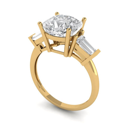 3 cttw Moissanite Three-Stone Engagement Ring - Solid Yellow Gold (VVS1, Cushion Cut,8.0mm)