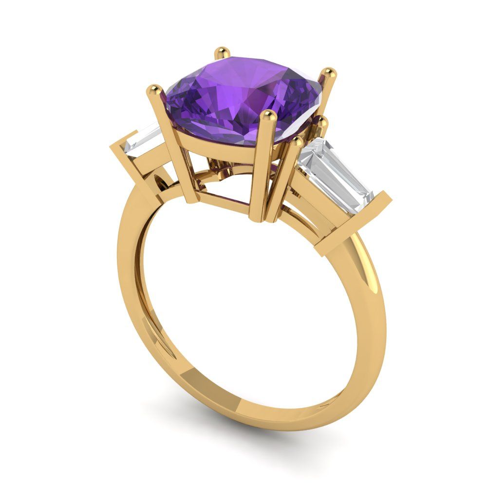 3 cttw Natural Amethyst Three-Stone Engagement Ring - Solid Gold (Cushion Cut,8.0mm)