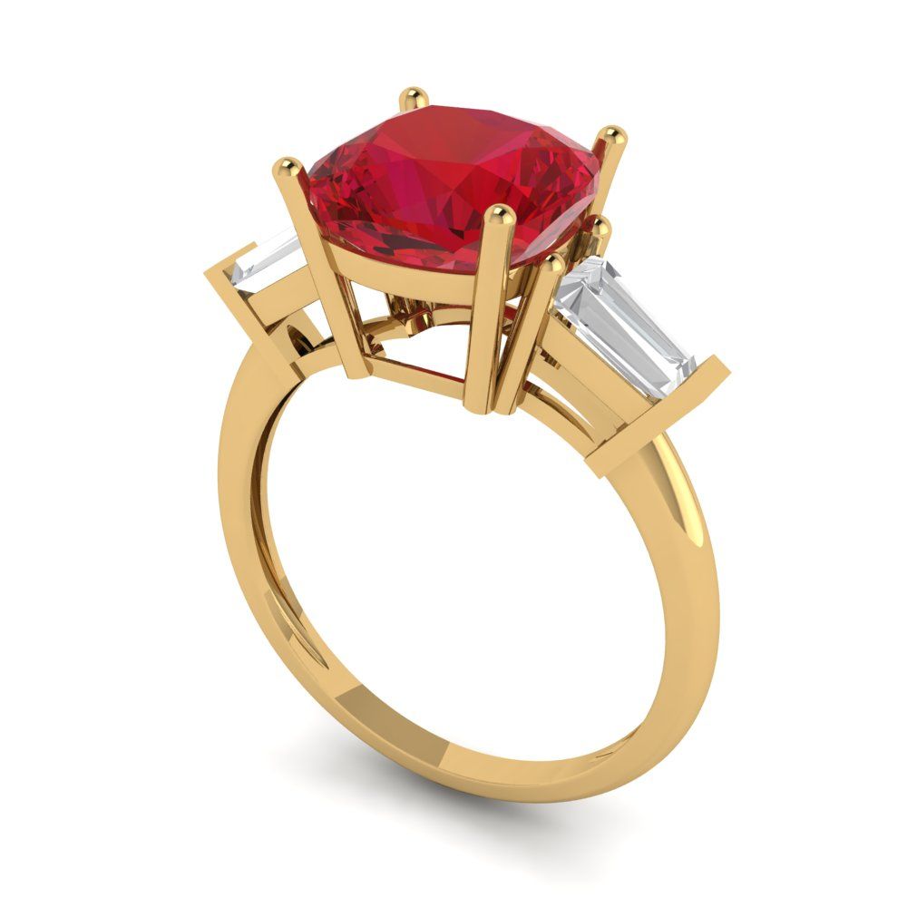 3 cttw Simulated Ruby Three-Stone Engagement Ring - Solid Yellow Gold (VVS1, Cushion Cut,8.0mm)