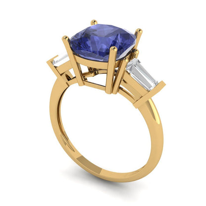 3 cttw Simulated Tanzanite Three-Stone Engagement Ring - Solid Yellow Gold (VVS1, Cushion Cut,8.0mm)