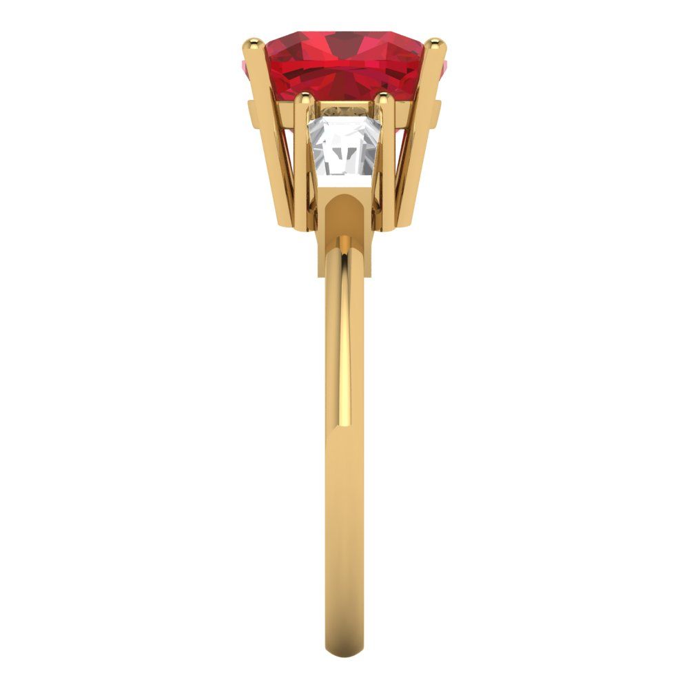 3 cttw Simulated Ruby Three-Stone Engagement Ring - Solid Yellow Gold (VVS1, Cushion Cut,8.0mm)