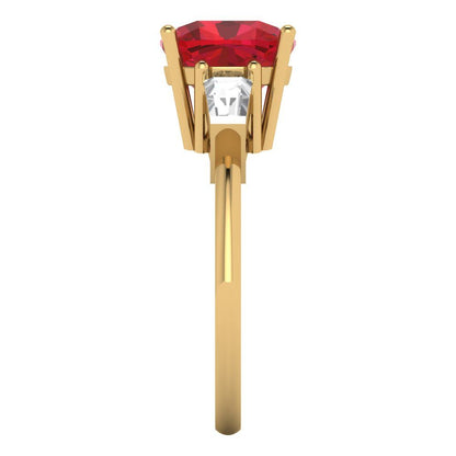 3 cttw Simulated Ruby Three-Stone Engagement Ring - Solid Yellow Gold (VVS1, Cushion Cut,8.0mm)