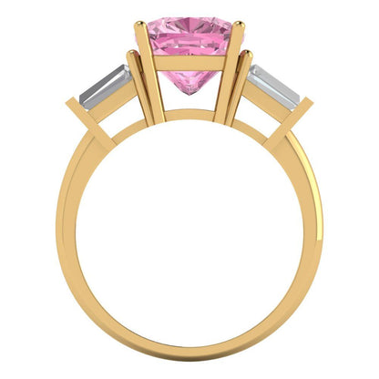 3 cttw Zirconia Simulated Pink Diamond Three-Stone Engagement Ring - Solid Gold (VVS1, Cushion Cut,8.0mm)